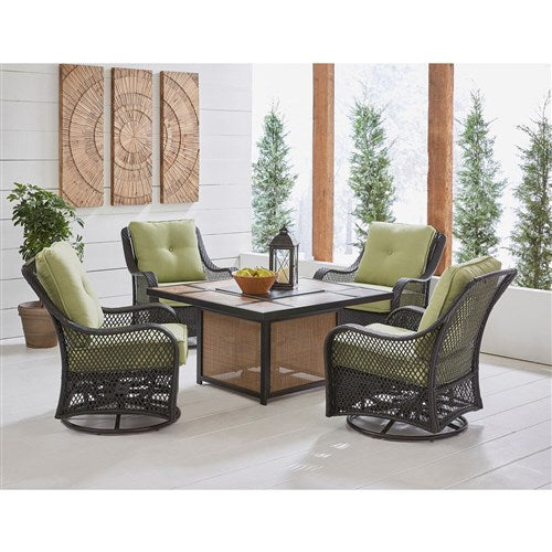 Hanover - Orleans 5-Piece Fire Pit Chat Set With 4 Cushioned Swivel Gliders and Tile Top Fire Pit - Green/Bronze - ORL5PCTFPSW4-GRN