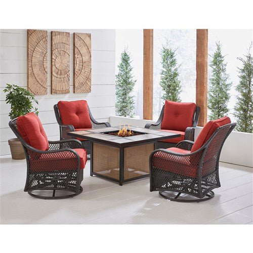 Hanover Orleans 5-piece Fire Pit Chat Set with 4 Cushioned Swivel Gliders and Tile Top Fire Pit - Berry/Bronze - ORL5PCTFPSW4-BRY