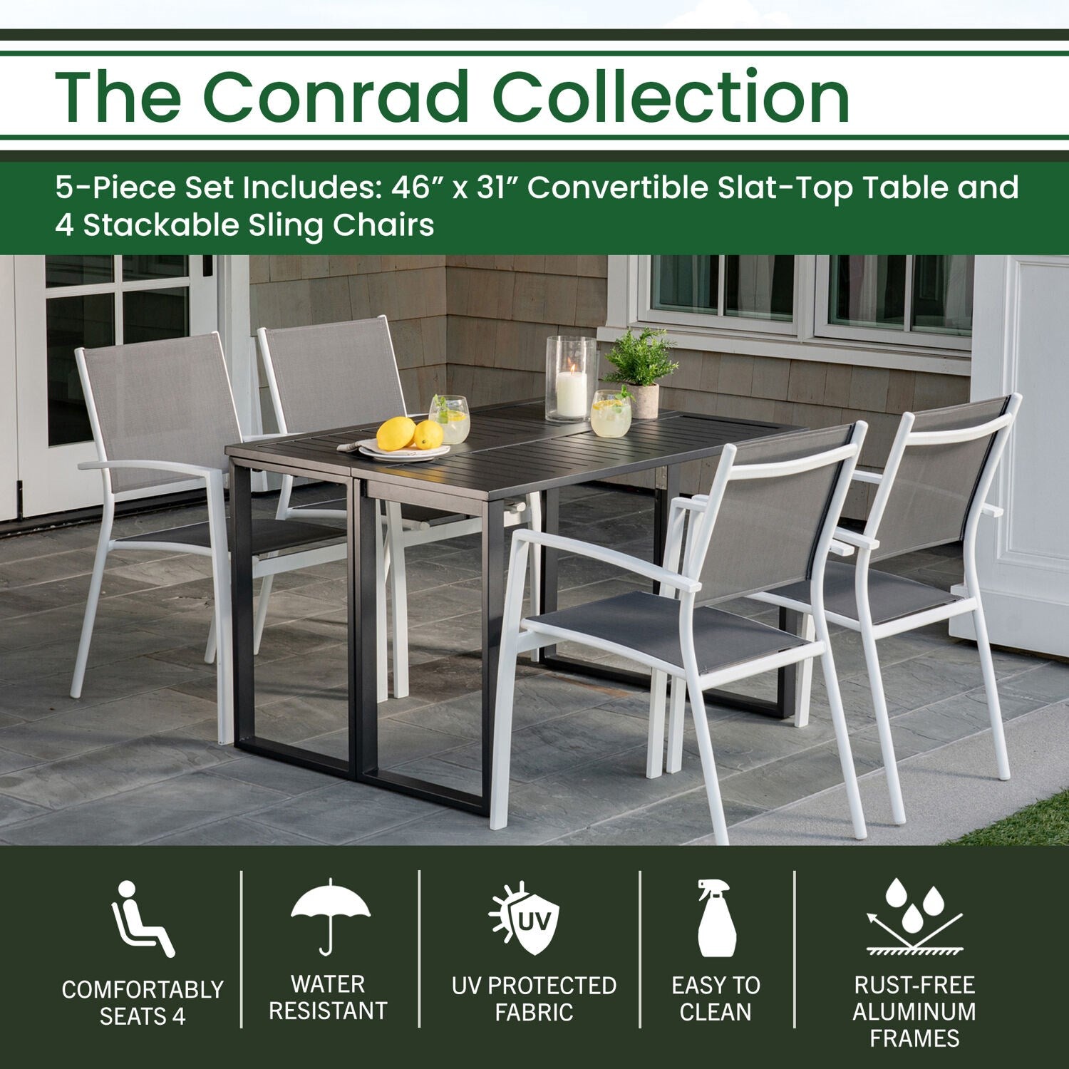 Conrad 5-Piece Compact Outdoor Dining Set w/ 4 Stackable Sling Chairs and Convertible Slatted Table, White Frame / Gray Sling CONDN5PC-WHT | CONDN5PC-WHT