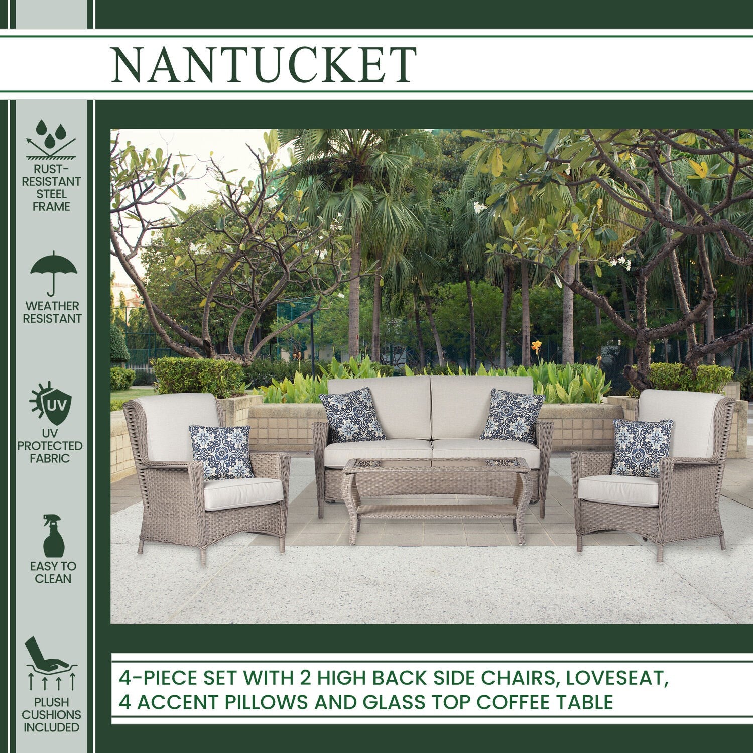 Hanover Nantucket 4-Piece Wicker Outdoor Chat Set with 2 High Back Side Chairs, Loveseat and Glass Top Coffee Table, NANT4PC-GRY