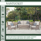 Hanover Nantucket 4-Piece Wicker Outdoor Chat Set with 2 High Back Side Chairs, Loveseat and Glass Top Coffee Table, NANT4PC-GRY