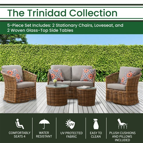 Hanover - Trinidad 5-Piece Outdoor High-Dining Set With 2 Stationary Chairs, Loveseat, and 2 Glass Top Tables - Conversation Set - TRIND5PC-GRY