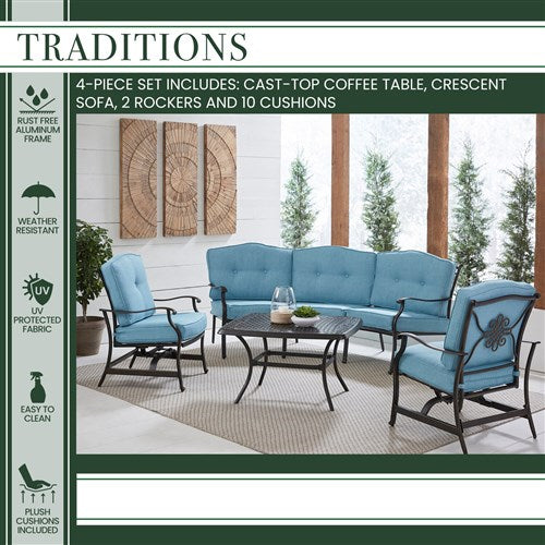 Hanover Traditions 4-Piece Conversation Set With Sofa, 2 Cush Rockers, Cast Top Coffee Table - Hanover - TRAD4PCCT-BLU