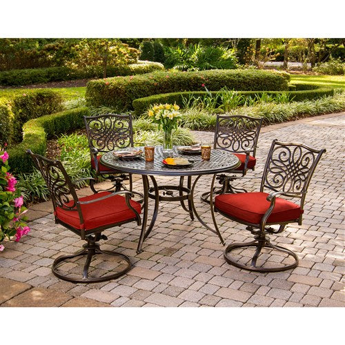 Hanover Traditions 5-Piece Dining Set with Four Swivel Rockers in Red and a 48 In. Cast-top Table