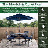 Hanover - Montclair 5-piece Outdoor Dining Set with 4 Swivel Chairs and a 33-In. Sq High Table, Umbrella and Base- Navy Blue - MCLRDN5PCBR-SU-N