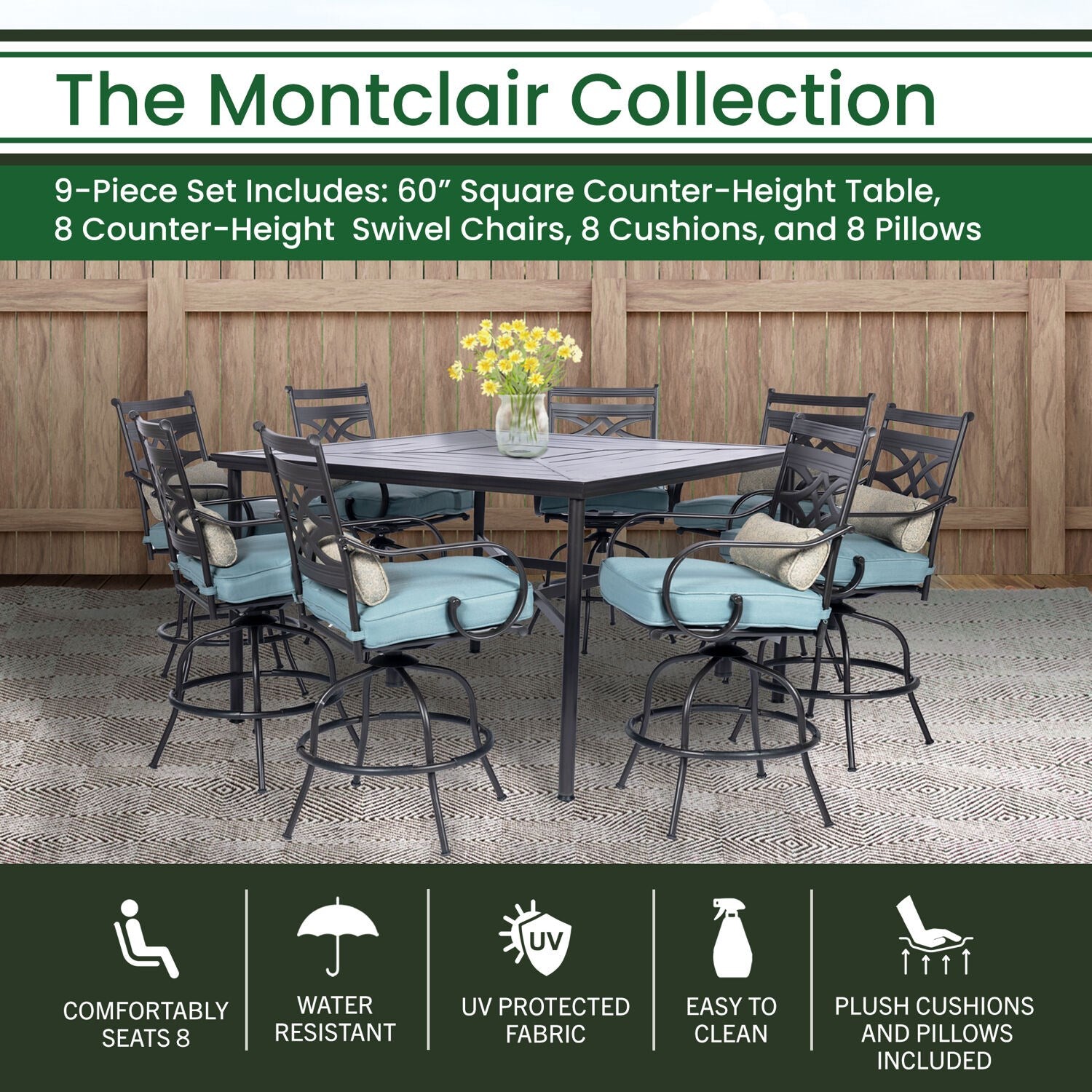 Hanover Montclair 9-piece High Dining | 8 Swivel Chairs | 60" Square High Table - Blue/Brown | MCLRDN9PCBRSW8-BLU
