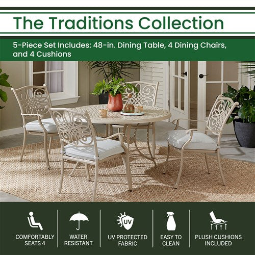 Hanover - Traditions 5-Piece Outdoor High-Dining Set With 4 Dining Chairs, 48" Round Cast Table - Sand/Beige - TRADDNS5PC-BE