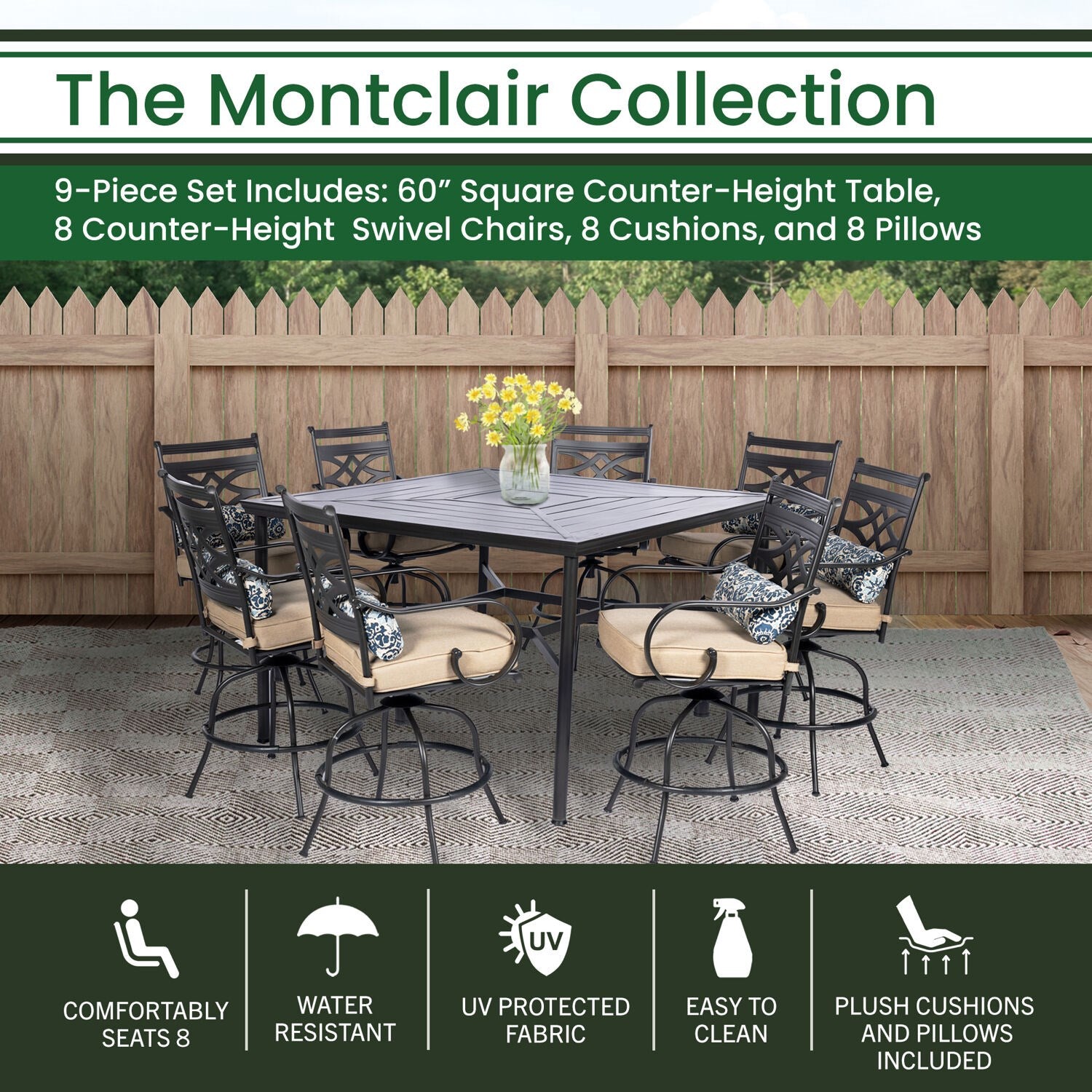 Hanover Montclair 9-piece High Dining | 8 Swivel Chairs | 60" Square High Table - Tan/Brown | MCLRDN9PCBRSW8-TAN