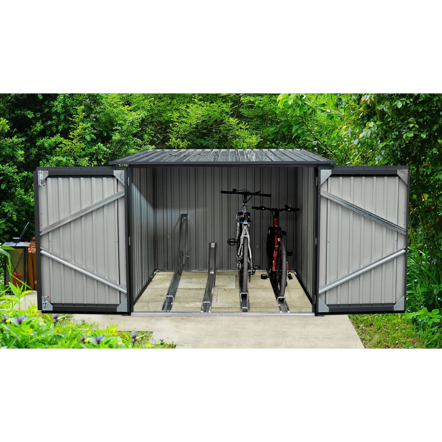 Hanover Galvanized Steel Bicycle Storage Shed with Twist Lock and Key for up to 4 Bikes, Dark Gray