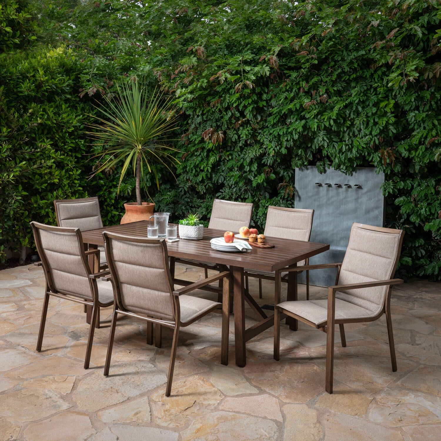 Fairhope 7-Piece Outdoor Dining Set with 6 Padded Contoured-Sling Chairs and a 74-In. x 40-In. Trestle Table, Tan