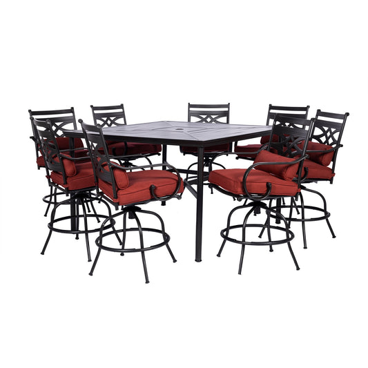Hanover Montclair 9-piece High Dining | 8 Swivel Chairs | 60" Square High Table - Chili/Brown | MCLRDN9PCBRSW8-CHL