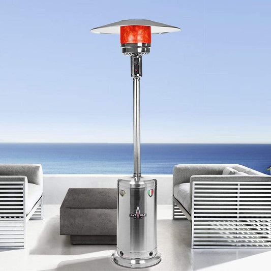 Lava Heat Italia Parasol Patio Heaters Propane / Assembled The OPUS Round Flame Tower Heater, 80.5", 56,000 BTU, Remote Control, Push Button Ignition, Stainless Steel, Liquid Propane - ASSEMBLED