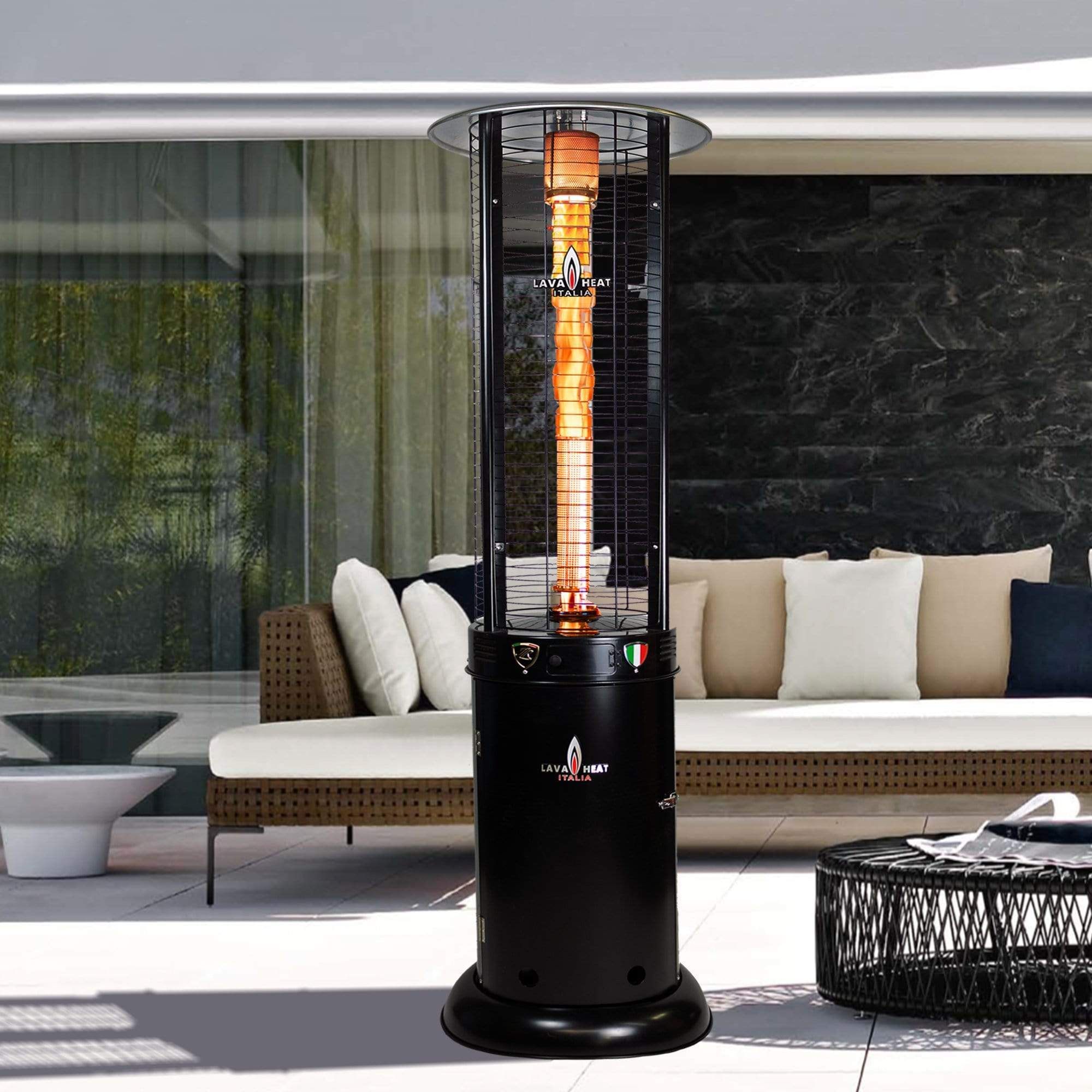 Lava Heat Italia Patio Heater The OPUS Round Flame Tower Heater, 80.5", 56,000 BTU, Remote Control, Push Button Ignition, Hammered Black, Heritage Bronze - Liquid Propane OR Natural Gas