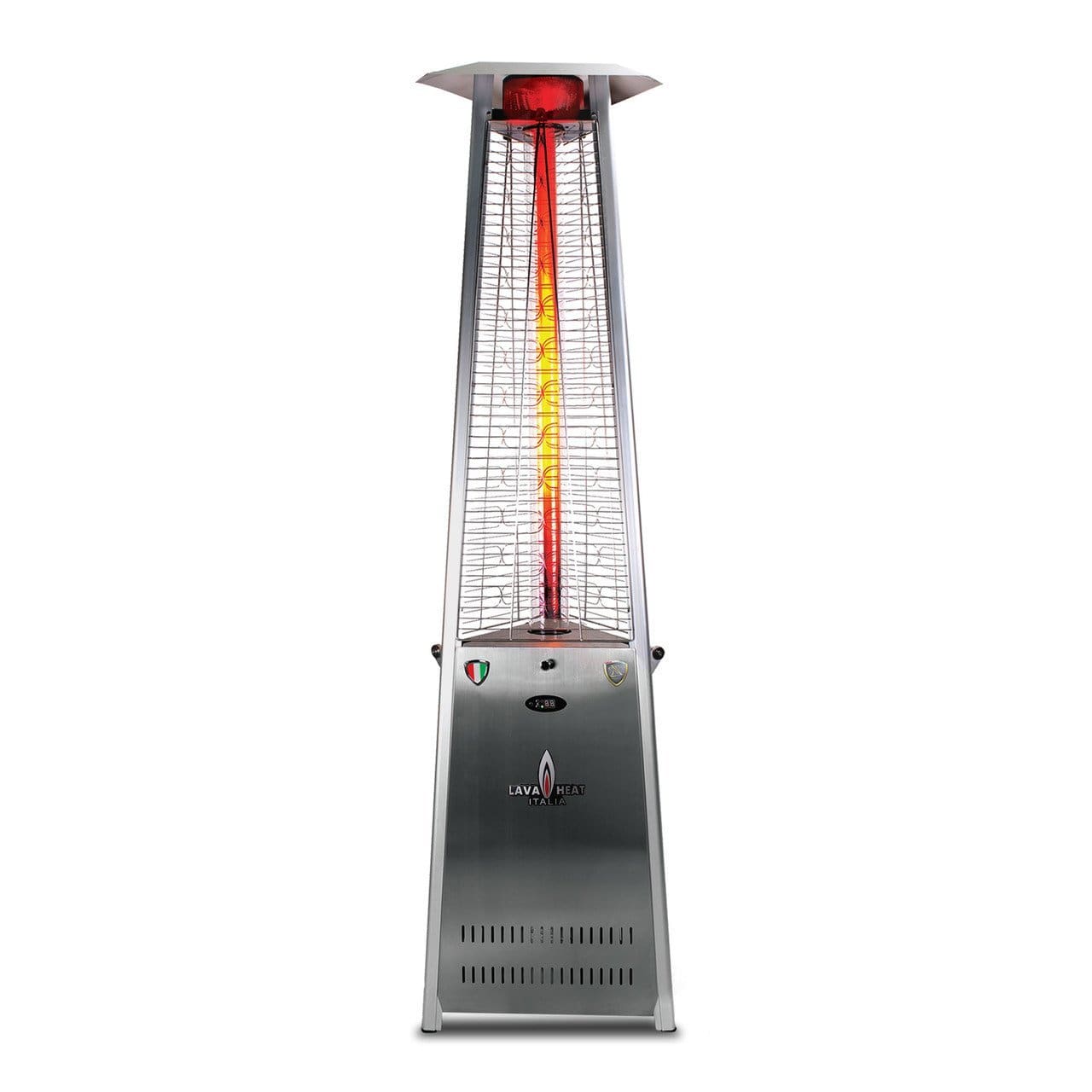 Lava Heat Italia Tower Patio Heater Natural Gas / Stainless Steel The 2G Triangle Flame Tower Heater, 92.5", 66,000 BTU, Remote Control, Push Button Ignition, Stainless Steel, Bronze, Black, Liquid Propane or Natural Gas - ASSEMBLED