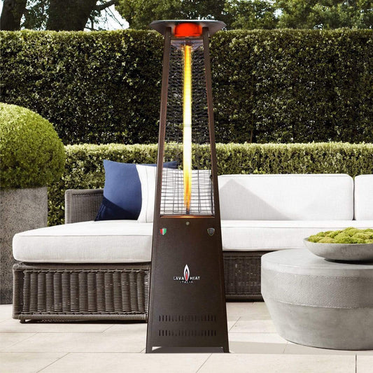 Lava Heat Italia Tower Patio Heater Propane / Heritage Bronze / Assembled The LAVAlite Triangle Flame Tower Heater,  92.5", 56,000 BTU, Electronic Ignition, Hammered Black, Bronze, Stainless Steel - Liquid Propane OR Natural Gas