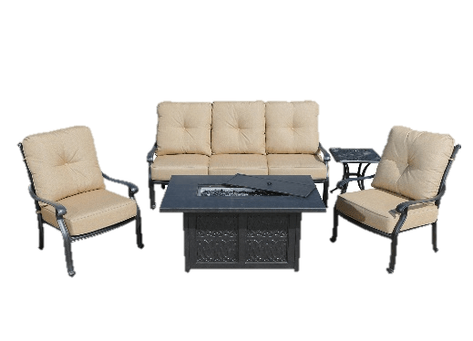 Lawton Casual Comfort Outdoor Dining Set Lawton Casual Comfort - 5PC Sofa Set w/ Sofa, 2 Club Chairs and Sunbrella Cushions, Accent Table, and 50x32 Fire Table