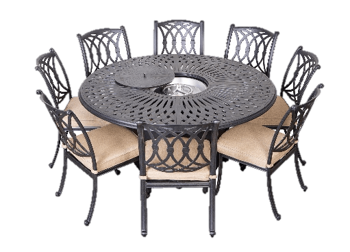 Lawton Casual Comfort Outdoor Dining Set Lawton Casual Comfort - 64" Round Dining Table w/ fire pit and 8 armless chairs w/ sunbrella cushion