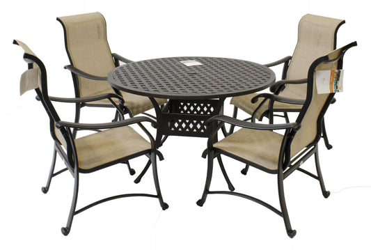 Lawton Casual Comfort Outdoor Dining Set Lawton Casual Comfort - Sling 5-Piece Cast Aluminum Dining Set with 48" Round Table, 4 Chairs