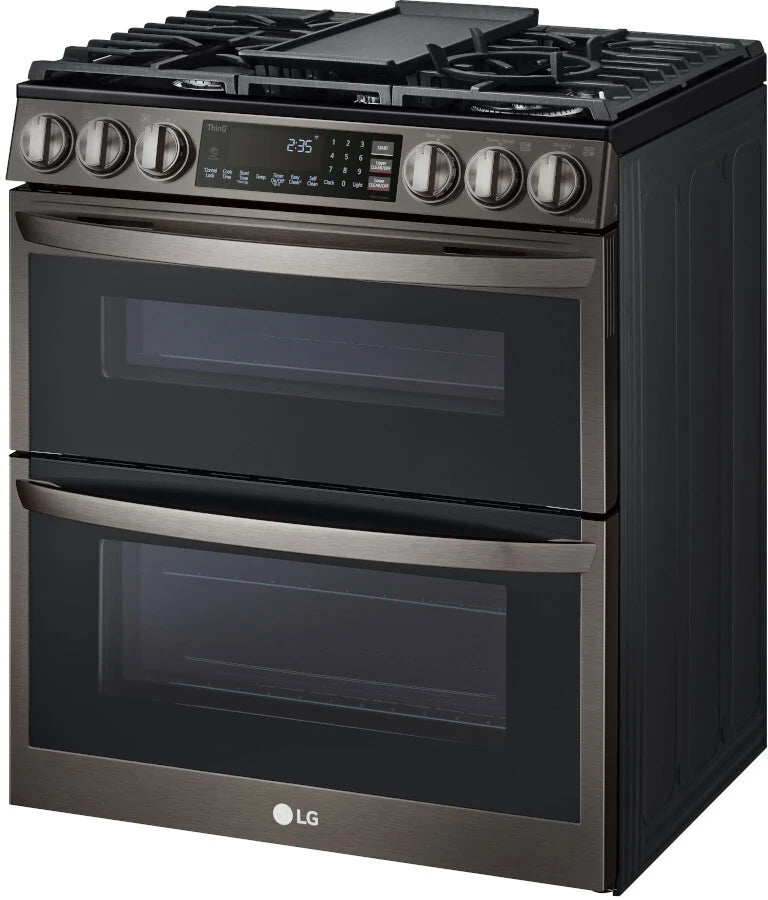 LG - 30 in. W 6.9 cu. ft. Smart Slide-In Double Oven Gas Range with ProBake and InstaView in Printproof Black Stainless Steel - LTGL6937D