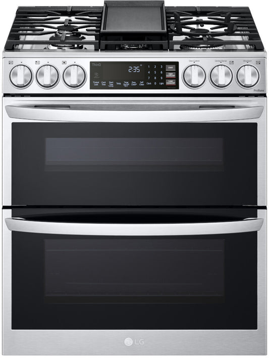 LG - 6.9 cu. ft. Smart Slide-In Double Oven Gas Range with ProBake and InstaView in PrintProof Stainless Steel - LTGL6937F
