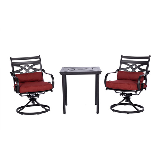 Hanover - Montclair 3-piece  Outdoor Dining Set with 2 Swivel Rockers and a 27-In. Square Bistro Table - Red - MCLRDN3PCSW2-CHL