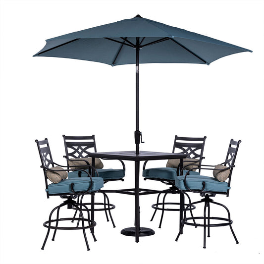 Hanover - Montclair 5-piece Outdoor Dining Set with 4 Swivel Chairs and a 33-In. Sq High Table, Umbrella & Base - Blue - MCLRDN5PCBR-SU-B