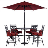 Hanover - Montclair 5-piece Outdoor Dining Set with 4 Swivel Chairs and a 33-In. Sq High Table, Umbrella & Base - Red - MCLRDN5PCBR-SU-C