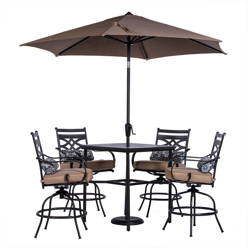Hanover - Montclair 5piece Outdoor Dining Set with 4 Swivel Chairs and a 33-In. Sq High Table, Umbrella & Base - Dark brown - MCLRDN5PCBR-SU-T