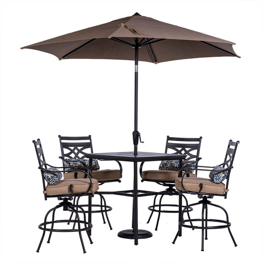 Hanover - Montclair 5 piece Outdoor Dining Set with 4 Swivel Chairs and a 33-In. Sq High Table, Umbrella & Base - Dark brown - MCLRDN5PCBR-SU-T