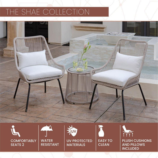 Mod Furniture Deep Seating Mod Shae 3pc Set: 2 Rattan Wicker Side Chairs and Glass Top Coffee Table, SHAE3PC-WHT