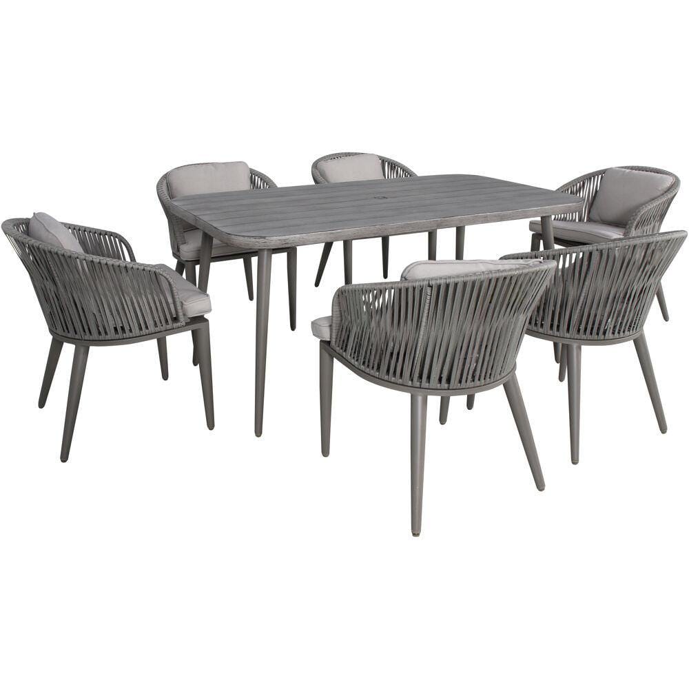 Mod Mod Riley 7-Piece Mid-Century Modern Outdoor Dining Set with 6 Rope Cushioned Chairs and 63 in. x 35 in. Faux Wood Top Table