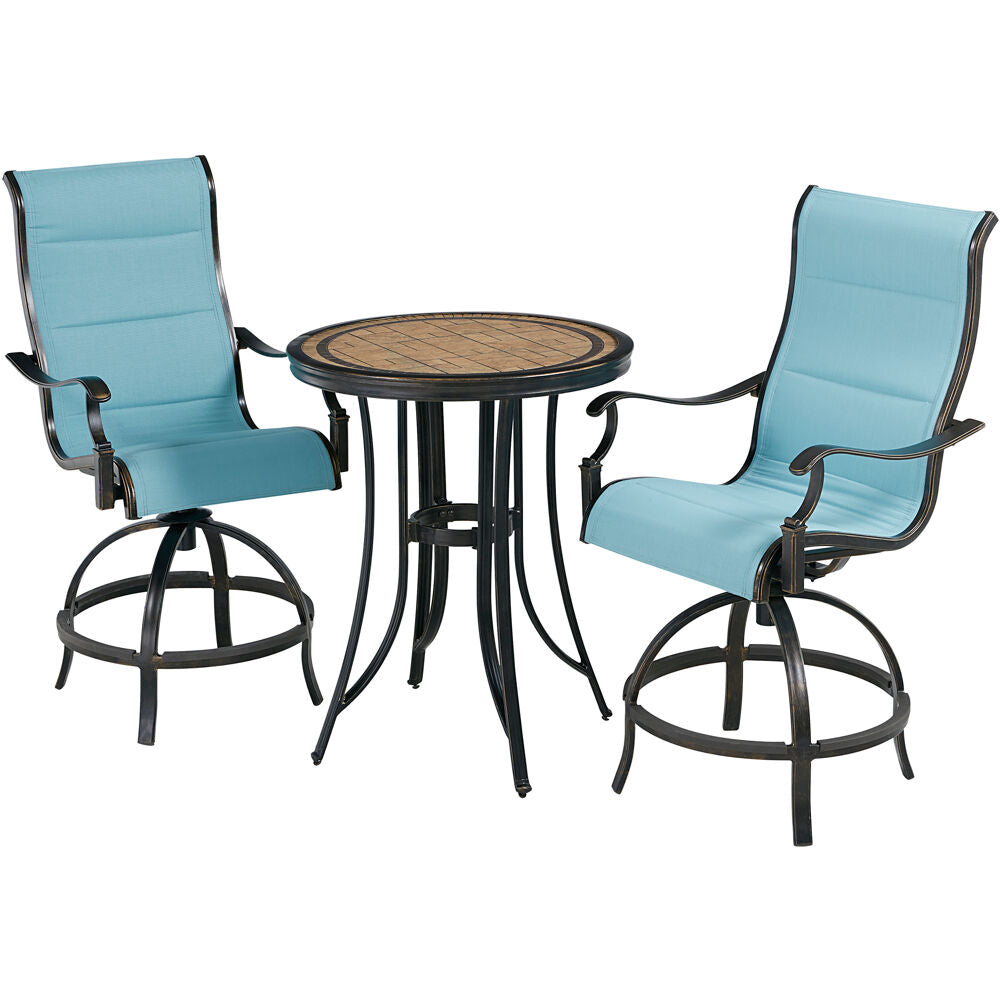 Hanover - Monaco 3-piece Outdoor Dining Set with 2 Padded Swivel Counter Height Chairs and a 30-In. Round Tile Table - Blue/Bronze - MONDN3PCPDBR-C-BLU