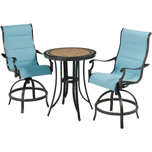 Hanover - Monaco 3-piece Outdoor Dining Set with 2 Padded Swivel Counter Height Chairs and a 30-In. Round Tile Table - Blue/Bronze - MONDN3PCPDBR-C-BLU