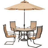 Hanover - Monaco 5-piece Outdoor Dining Set with 4 Sling Spring Chairs and a 51-In. Round Tile Top Table, Umbrella - MONDN5PCSP-SU