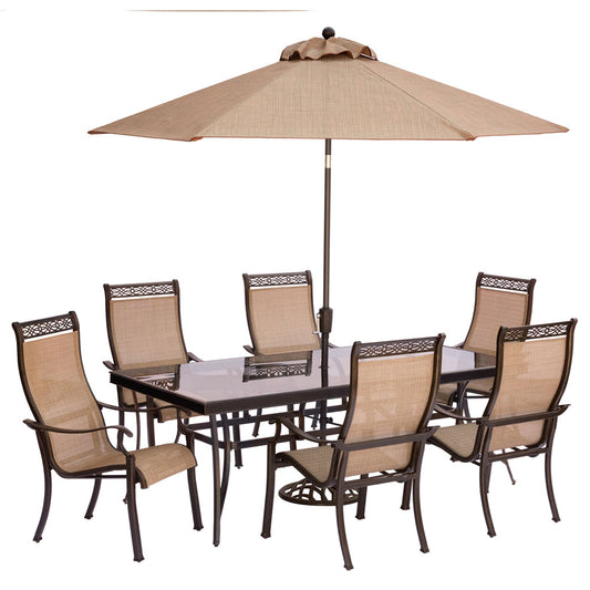 Hanover - Monaco 7-piece Outdoor Dining Set with 6 Sling Dining Chairs and a 42 x 84-In. Glass Top Table, Umbrella, Base - MONDN7PCG-SU
