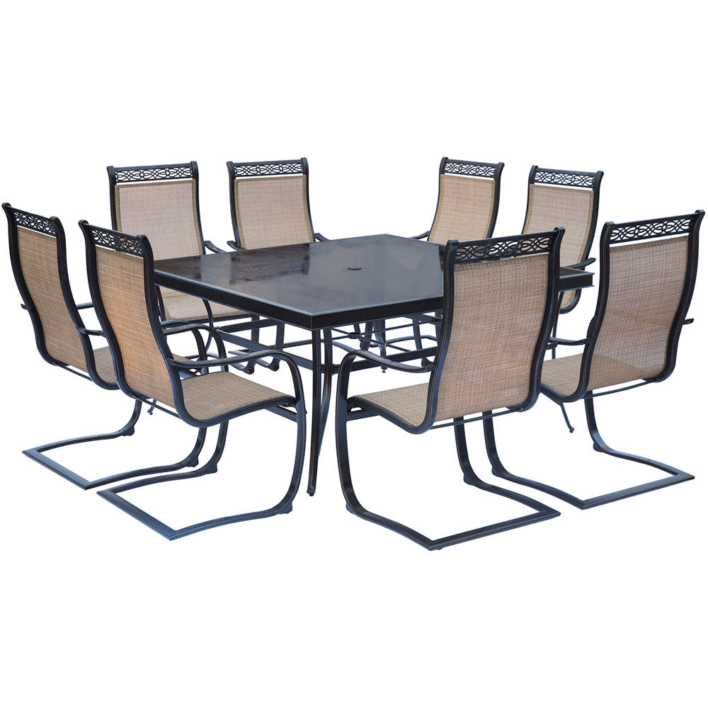 Hanover - Monaco 9-piece Outdoor Dining Set with 8 Sling Spring Dining Chairs and a 60-In. Square Glass Top Table - MONDN9PCSPSQG