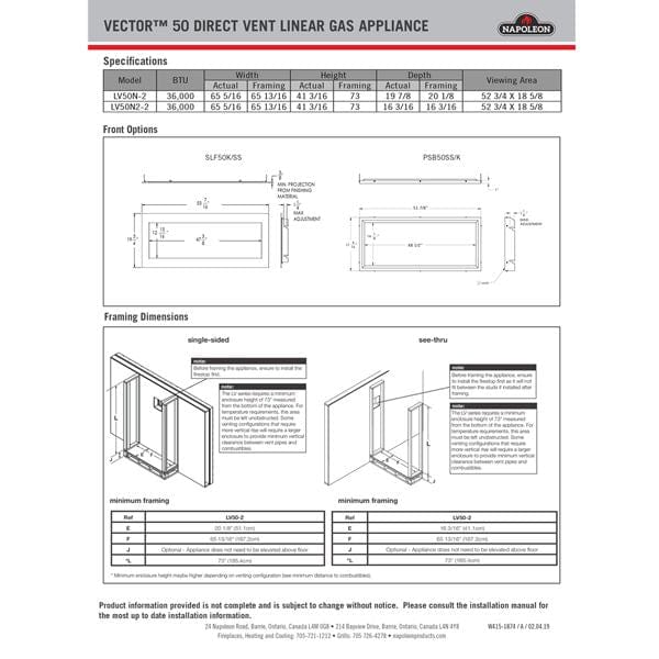 Napoleon Hearth Electric Fireplace Napoleon - LV50 Vector 50 Linear Direct Vent Gas Fireplace , See Through , Direct Vent, Electronic Ignition , Natural Gas