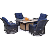 Hanover - Orleans 5-Piece Fire Pit Chat Set With 4 Cushioned Swivel Gliders and Tile Top Fire Pit - Navy/Bronze - ORL5PCTFPSW4-NVY