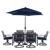 Outdoor Dining Set Hanover MCLRDN7PCSQSW6-SU-N Montclair 7-Piece Dining Set with 6 Swivel Rockers, Dining Table and 9-Feet Umbrella
