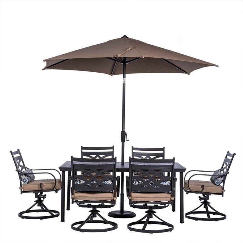 Outdoor Dining Set Hanover MCLRDN7PCSQSW6-SU-T Montclair 7-Piece Dining Set with 6 Swivel Rockers, Dining Table and 9-Feet Umbrella