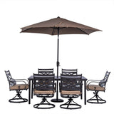 Outdoor Dining Set Hanover MCLRDN7PCSQSW6-SU-T Montclair 7-Piece Dining Set with 6 Swivel Rockers, Dining Table and 9-Feet Umbrella