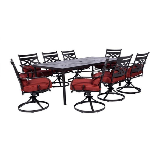 Outdoor Dining Set Hanover MCLRDN9PCSW8-CHL Montclair 9-Piece Dining Set with 8 Swivel Rockers and Table