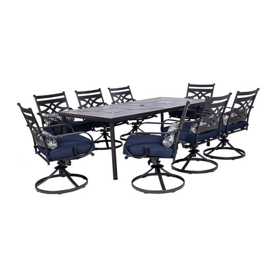 Outdoor Dining Set Hanover MCLRDN9PCSW8-NVY Montclair 9-Piece Dining Set with 8 Swivel Rockers and Table - Navy Blue and Brown