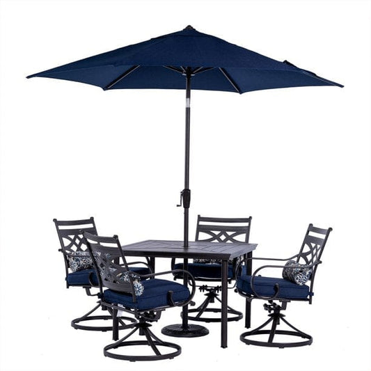 Outdoor Dining Set Hanover Montclair 5-Piece Patio Dining Set in Navy Blue with 4 Swivel Rockers, 40-Inch Square Table, and 9-Ft. Umbrella