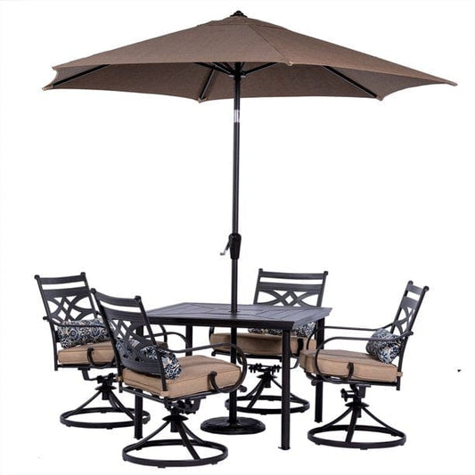Outdoor Dining Set Hanover Montclair 5-Piece Patio Dining Set in Tan with 4 Swivel Rockers, 40-Inch Square Table, and 9-Ft. Umbrella