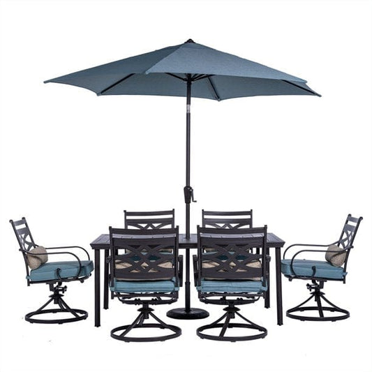 Outdoor Dining Set Hanover Montclair 7-Piece Dining Set in Ocean Blue with 6 Swivel Rockers, 40-In. x 66-In. Dining Table and 9-Ft. Umbrella