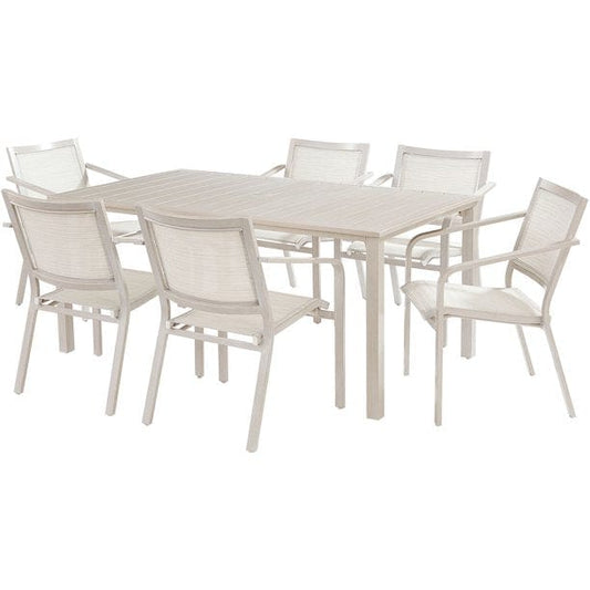 Outdoor Dining Set Hanover Morrison 7-Piece Outdoor Costal Dining Set with 6 Aluminum Sling Chairs and Slat Top 66" x 38" Table, Rust-Resistant - MORDN7PC-WHT