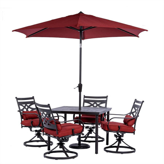 Outdoor Dining Set Montclair 5-Piece Patio Dining Set in Chili Red with 4 Swivel Rockers, 40-Inch Square Table, and 9-Ft. Umbrella