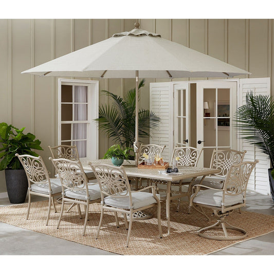 Recreation Outfitters Hanover - Traditions 9 Piece Set: 2 Swivel Rockers, 6 Dining Chairs, 38"x72" Table with Umbrella and Base (Sand/Beige)