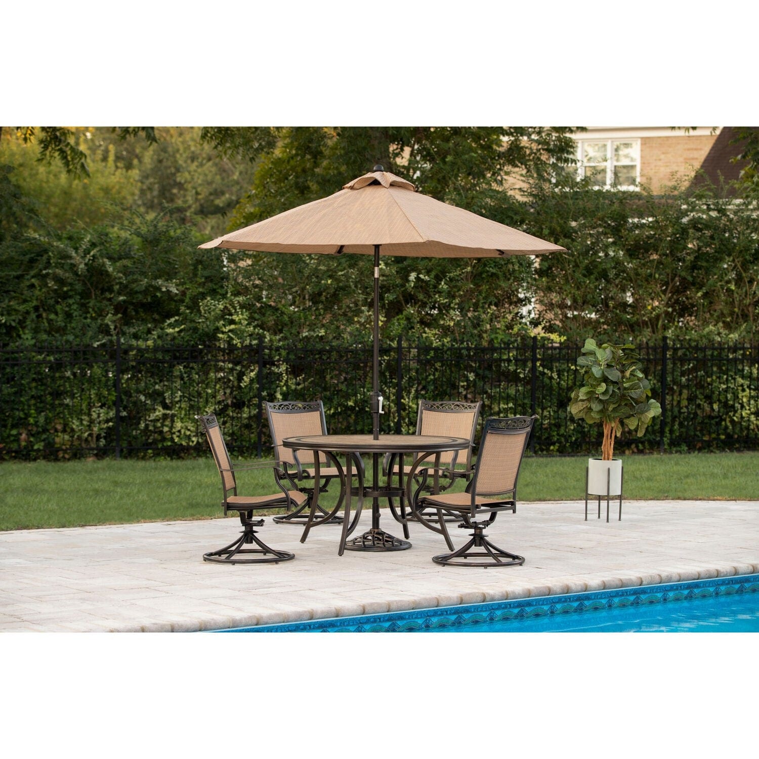 Recreation Outfitters Outdoor Dining Set Hanover Fontana 5 Piece Outdoor Dining Set with Four Sling Swivel Rockers | a 51 In. Tile-top Dining Table and a 9 Ft. Table Umbrella | FNTDN5PCSWTN-SU